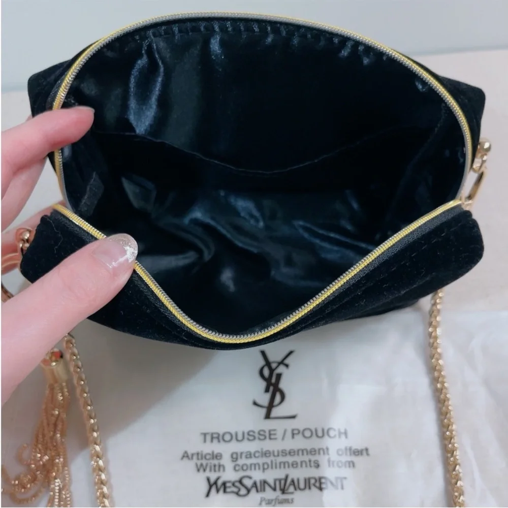 YSL YVES SAINT LAURENT Black Velvet bag purse clutch Gold Logo Chain tassel - Picture 7 of 7